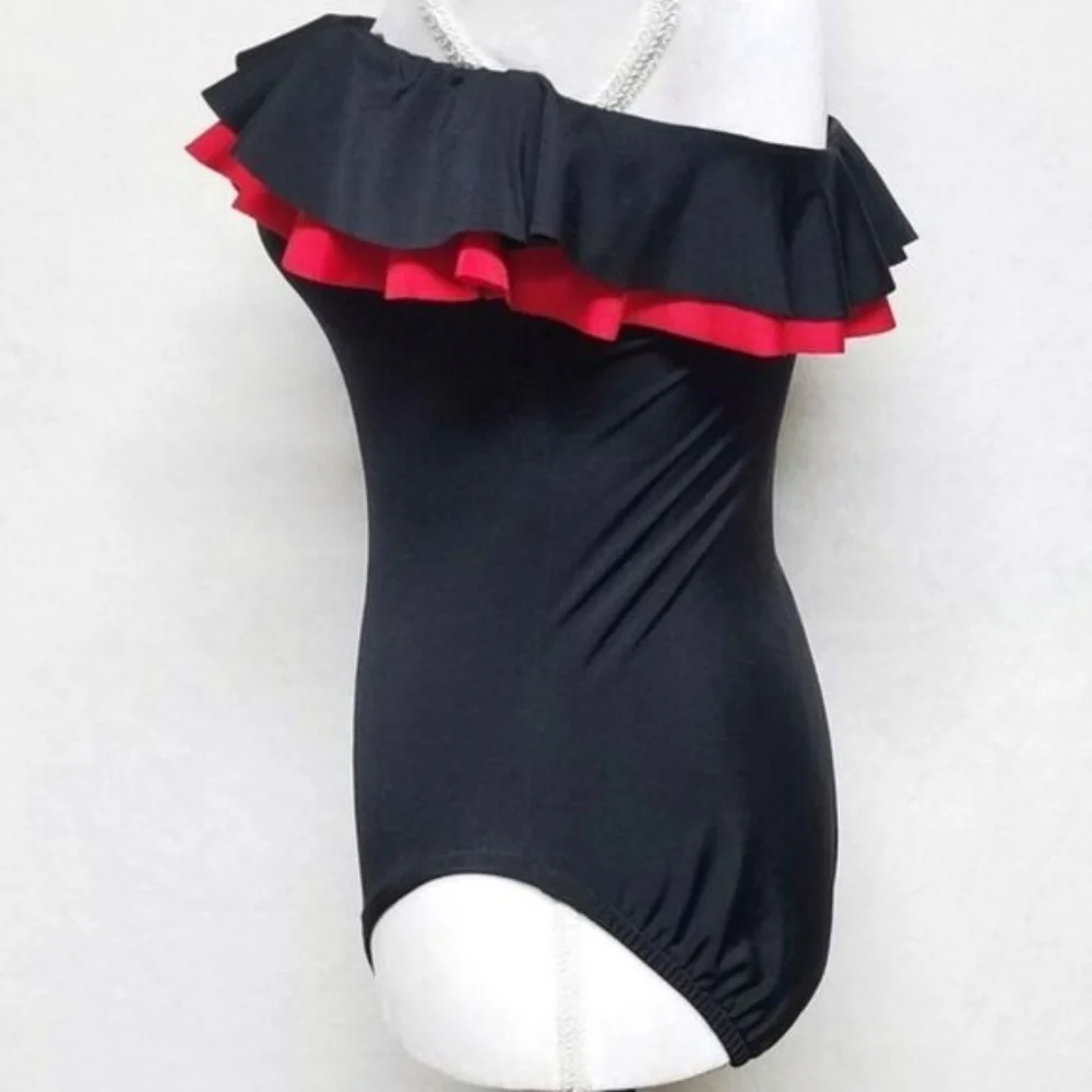 Bill Blass Vintage 70s Black Red Strapless Ruffle Bustier Swimsuit Bodysuit 10